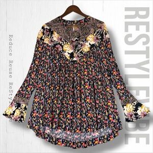 FREE PEOPLE Womens Size M Dress Tunic Mini Length Long Sleeve V-Neck Boho Floral